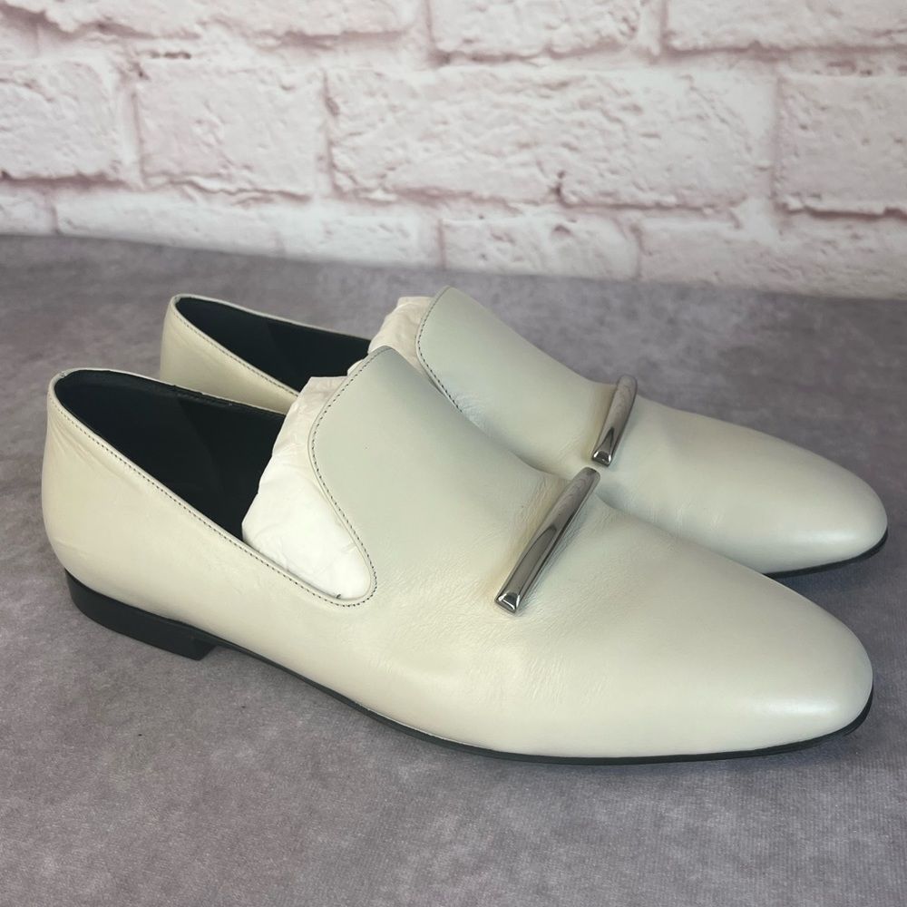 Via Spiga Women's Cream Leather Slip-On Loafers with Silver Bar